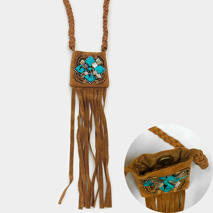 iLLASPARKZ Boho Beaded Suede Magnetic Snap Pocket Fringe Long Necklace