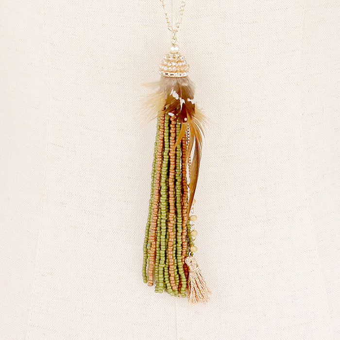 iLLASPARKZ Seed Beaded Tassel Feather Long Necklace