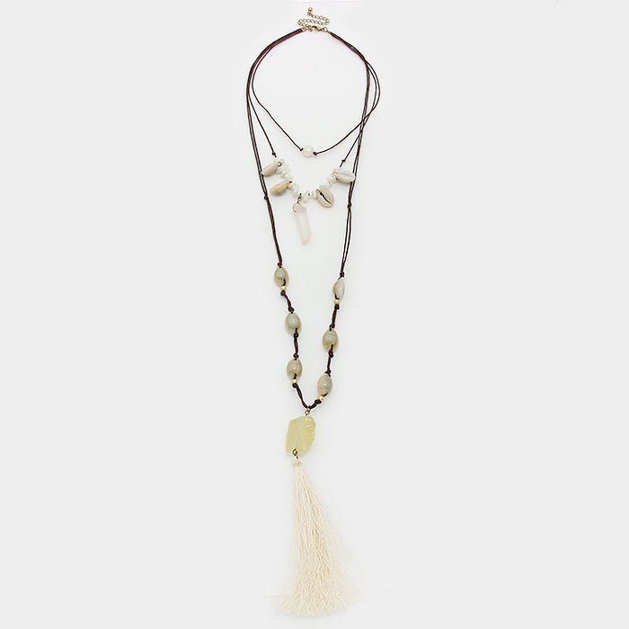 iLLASPARKZ Triple Layer Raw Quartz & Tassel Drop Long Necklace with Shells