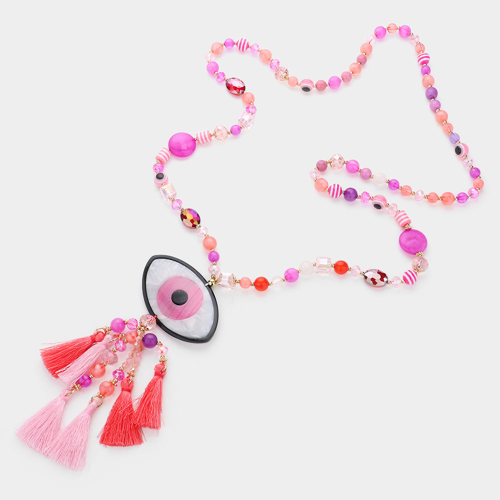 iLLASPARKZ Celluloid Acetate Evil Eye Accented Tassel Beaded Long Necklace