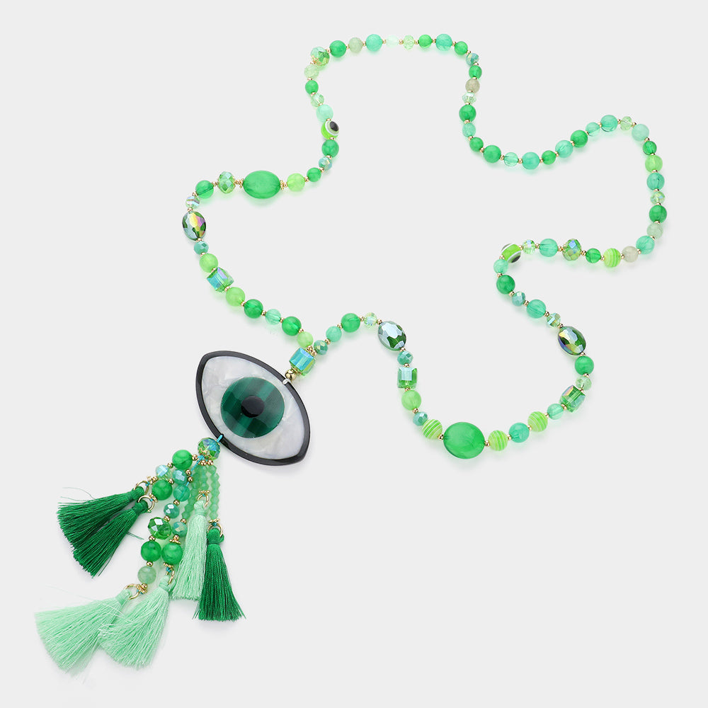 iLLASPARKZ Celluloid Acetate Evil Eye Accented Tassel Beaded Long Necklace