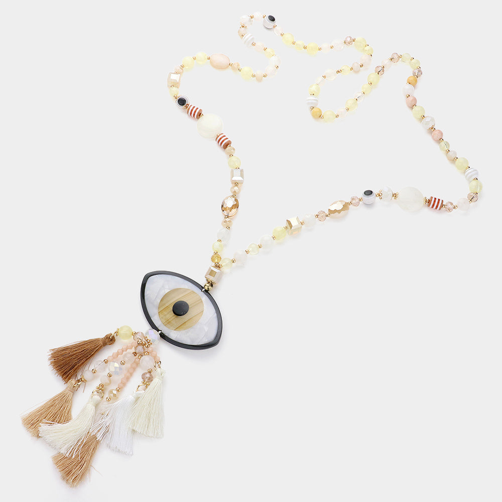 iLLASPARKZ Celluloid Acetate Evil Eye Accented Tassel Beaded Long Necklace