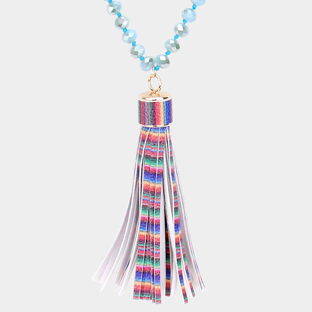 iLLASPARKZ Serape Faux Leather Tassel Faceted Bead Long Necklace