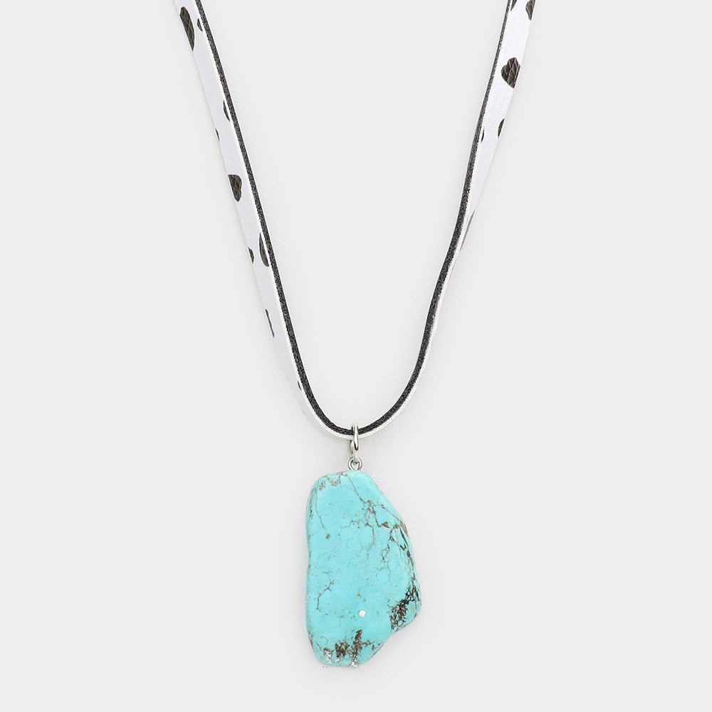 iLLASPARKZ Turquoise Pendant Cow Patterned Faux Leather Long Necklace