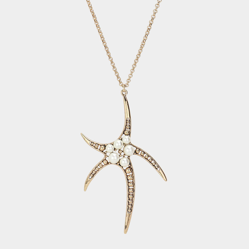 iLLASPARKZ Pearl Embellished Antique Metal Starfish Pendant Long Necklace