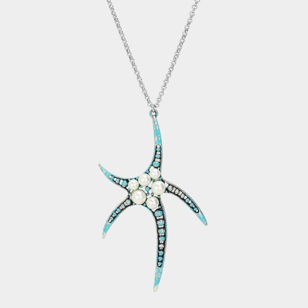 iLLASPARKZ Pearl Embellished Antique Metal Starfish Pendant Long Necklace