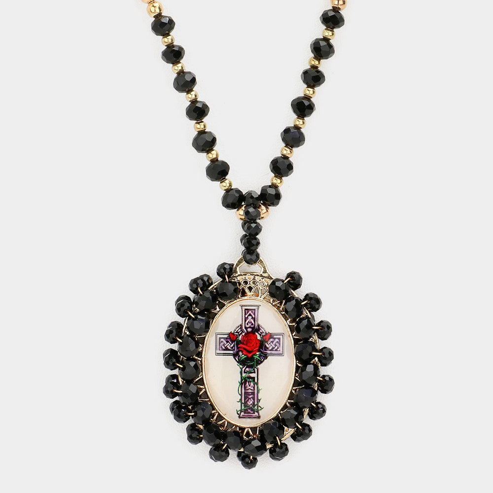 iLLASPARKZ Virgin Mary Cross Printed Faceted Bead Cluster Pendant Long Necklace