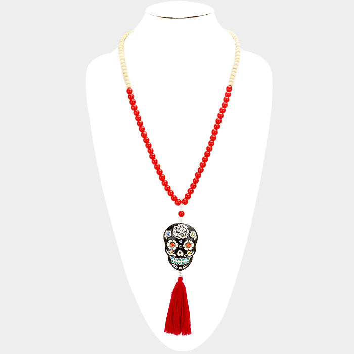 iLLASPARKZ Beaded Skull Drop Tassel Long Necklace