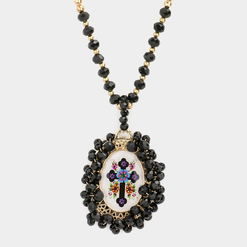 iLLASPARKZ Virgin Mary Cross Printed Faceted Bead Cluster Pendant Long Necklace