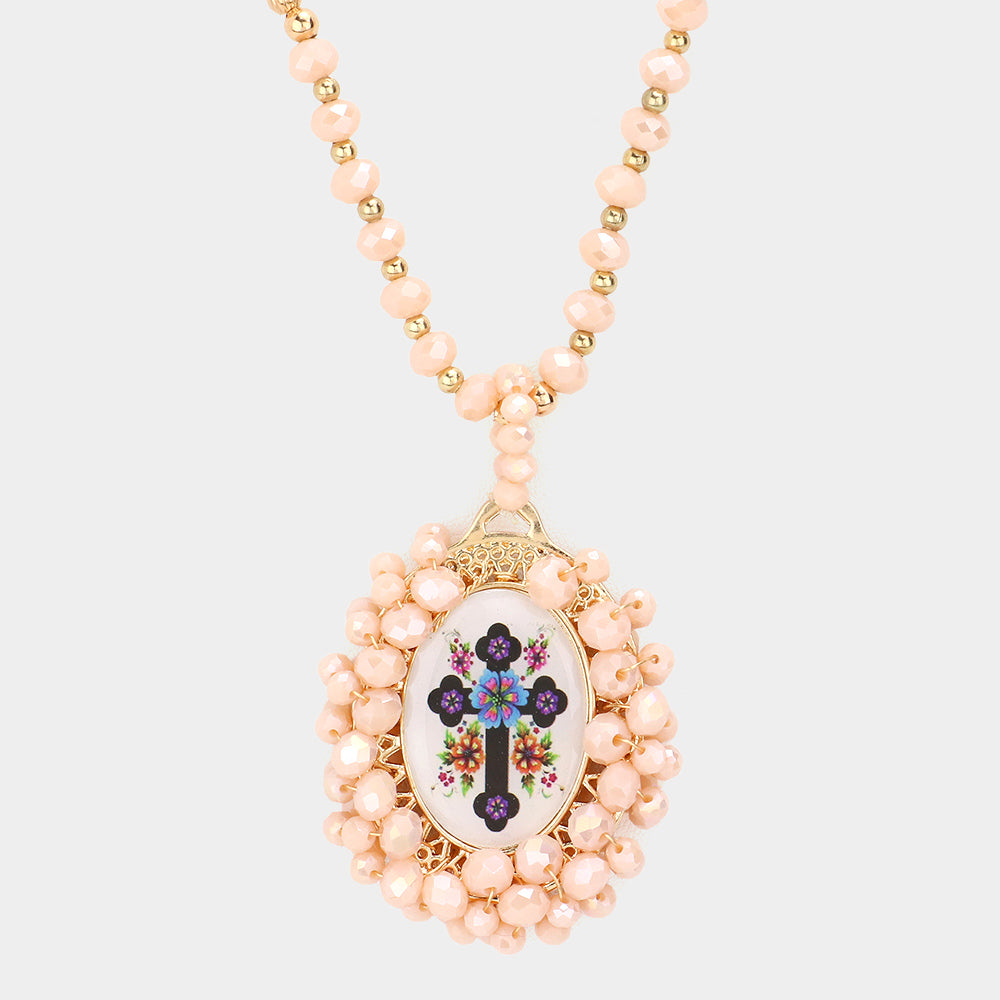 iLLASPARKZ Virgin Mary Cross Printed Faceted Bead Cluster Pendant Long Necklace