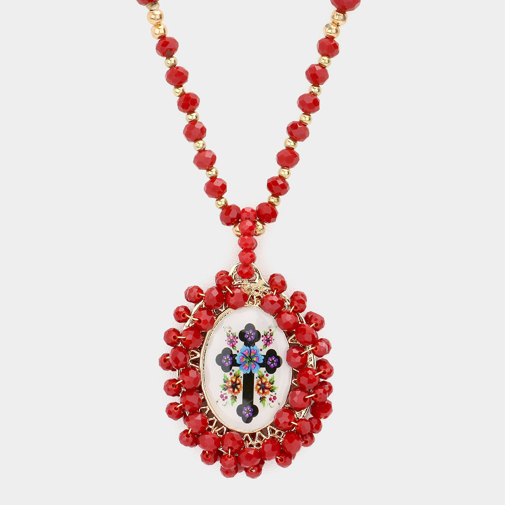 iLLASPARKZ Virgin Mary Cross Printed Faceted Bead Cluster Pendant Long Necklace