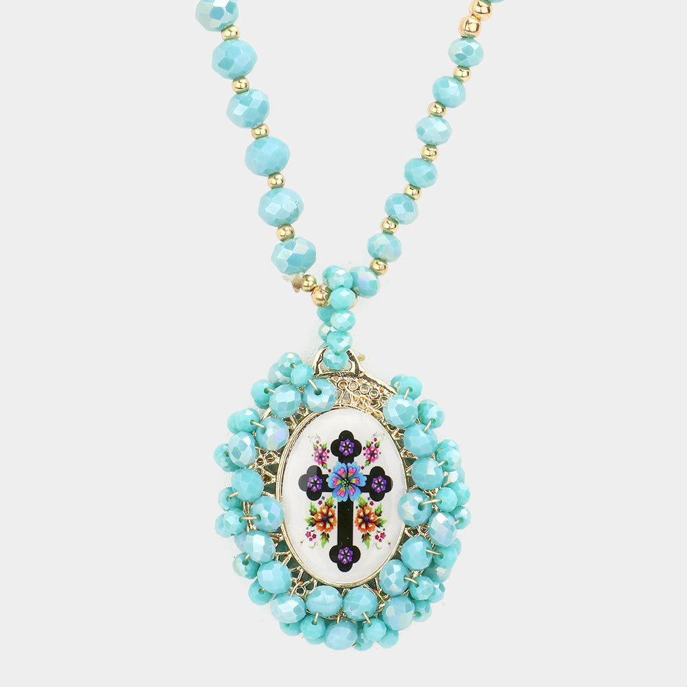 iLLASPARKZ Virgin Mary Cross Printed Faceted Bead Cluster Pendant Long Necklace