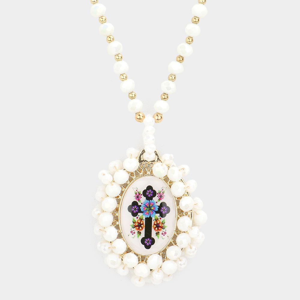 iLLASPARKZ Virgin Mary Cross Printed Faceted Bead Cluster Pendant Long Necklace