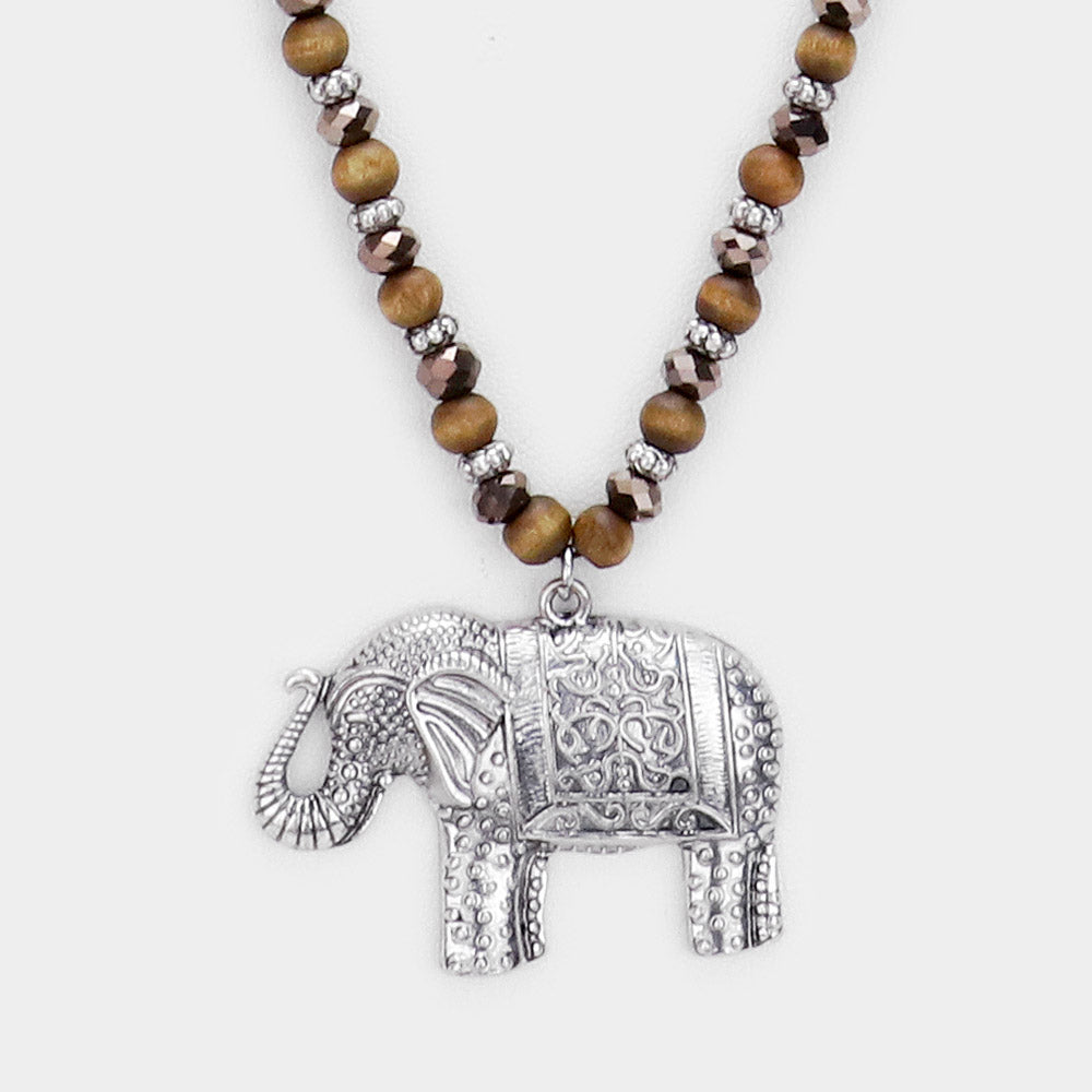 iLLASPARKZ Burnished Metal Elephant Pendant Beaded Long Necklace