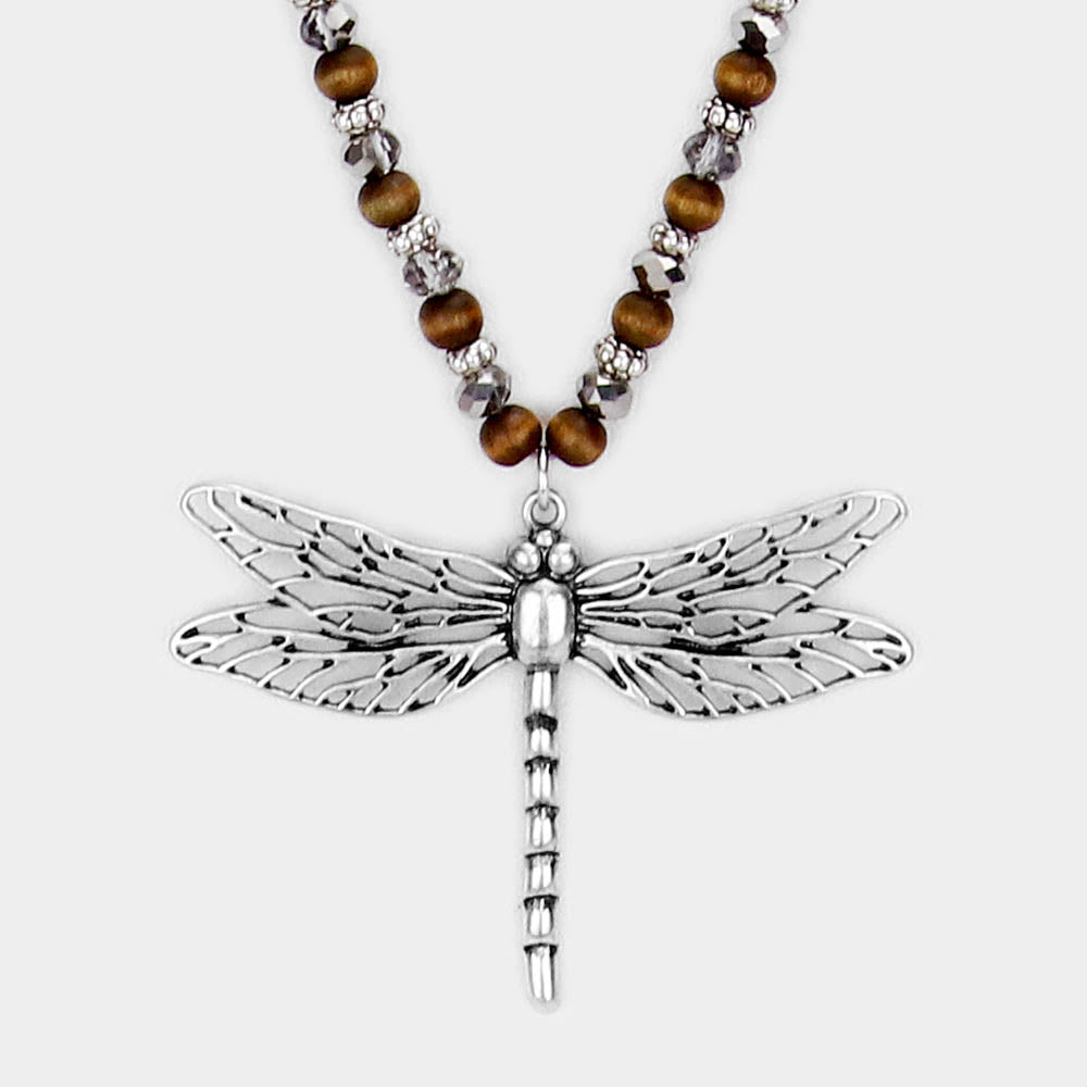 iLLASPARKZ Dragonfly Filigree Metal Pendant Wood Beaded Long Necklace