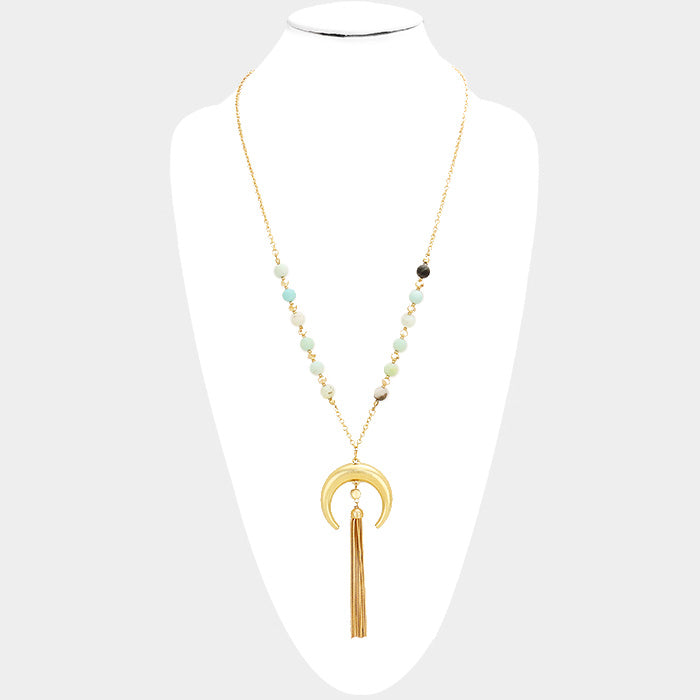 iLLASPARKZ Semi Precious Metal Crescent Drop Chain Tassel Long Necklace