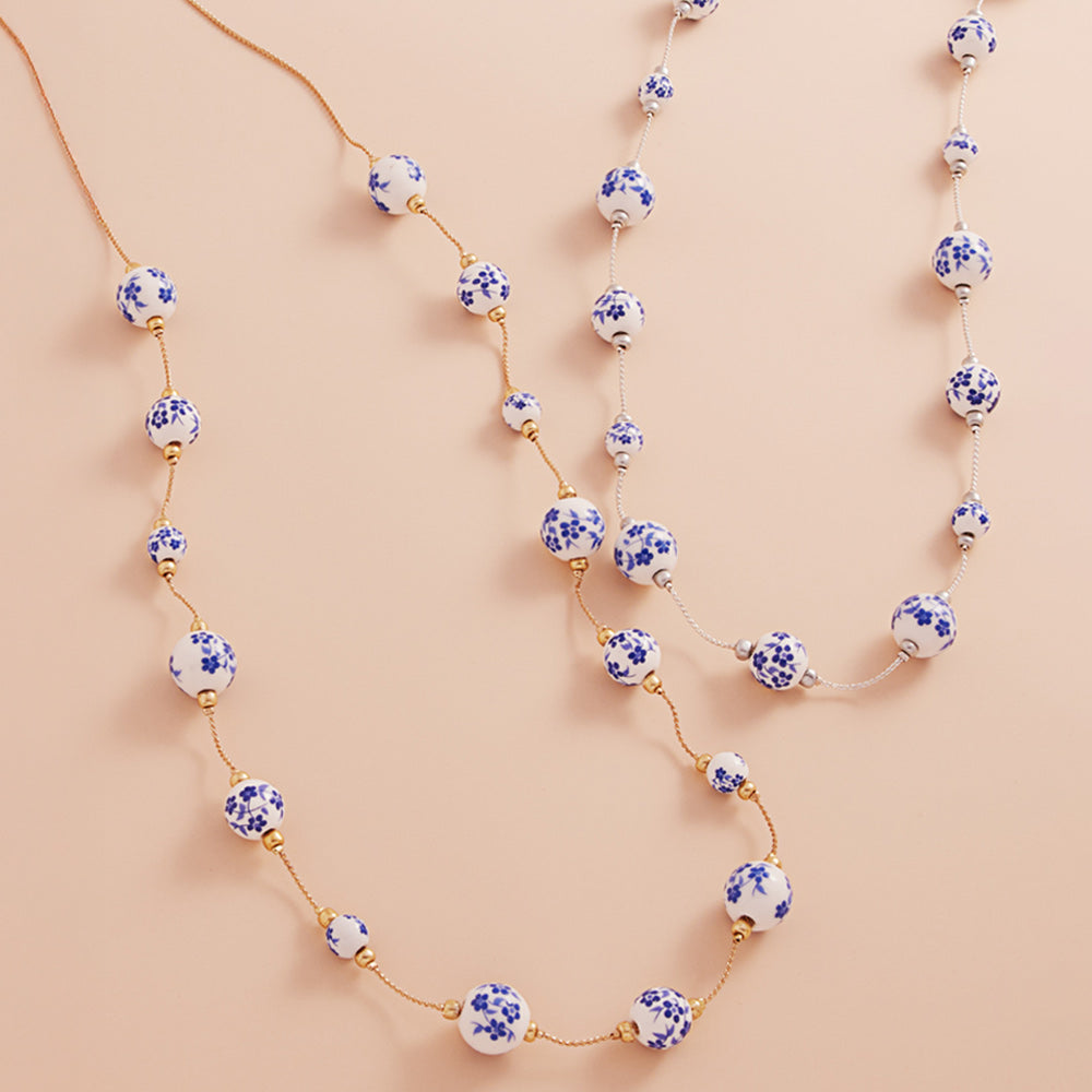 iLLASPARKZ Blue Floral Printed Ceramic Ball Station Long Necklace