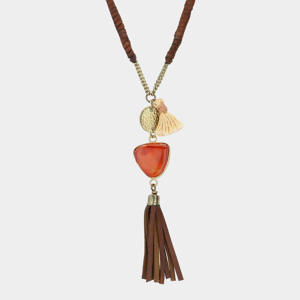 iLLASPARKZ Triangle Stone with Faux Leather Tassel Long Necklace