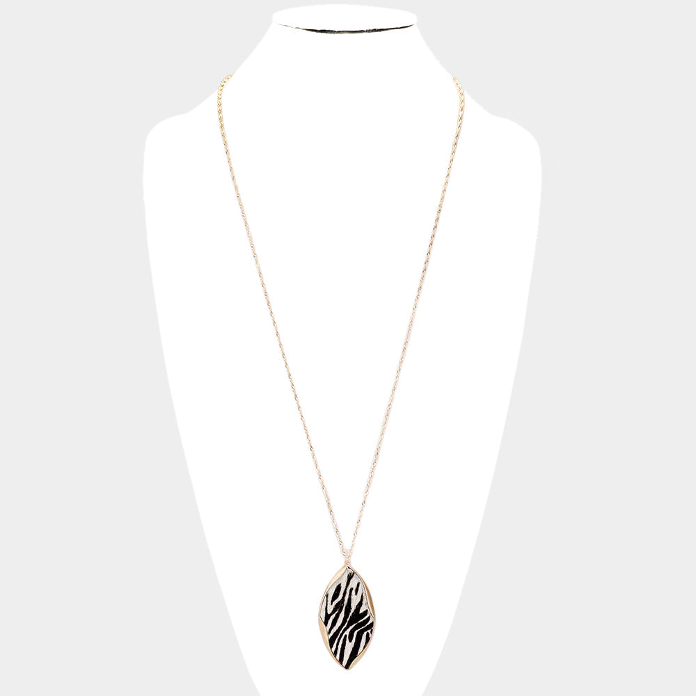 iLLASPARKZ Genuine Leather Zebra Accented Leaf Pendant Long Necklace