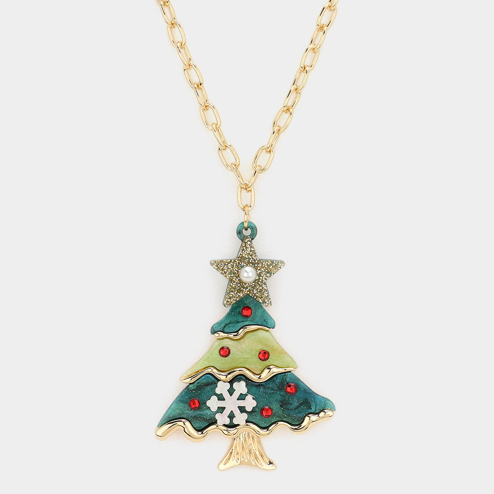 iLLASPARKZ Pearl Stone Pointed Glittered Resin Christmas Tree Pendant Long Necklace