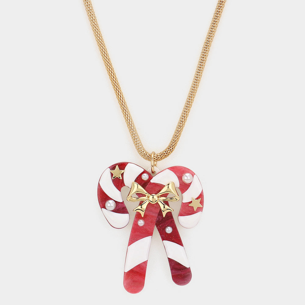 iLLASPARKZ Pearl Star Bow Pointed Glittered Resin Christmas Candy Cane Pendant Long Necklace