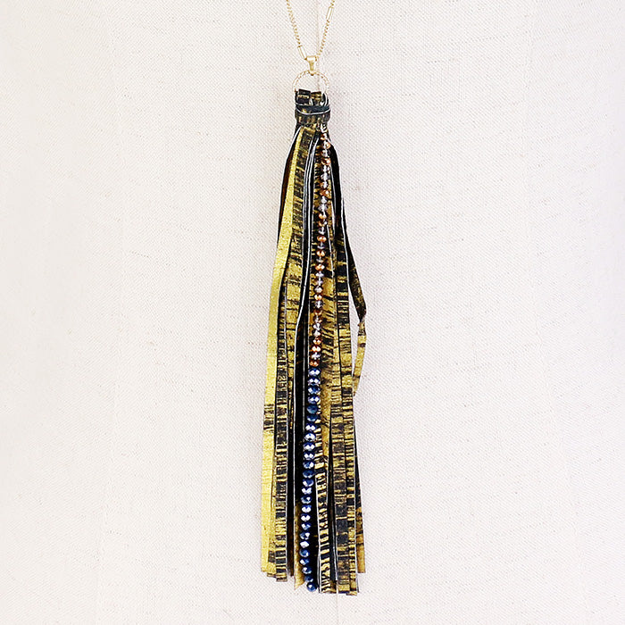 iLLASPARKZ Bead Accented Gold Metallic Leatherette Tassel Necklace