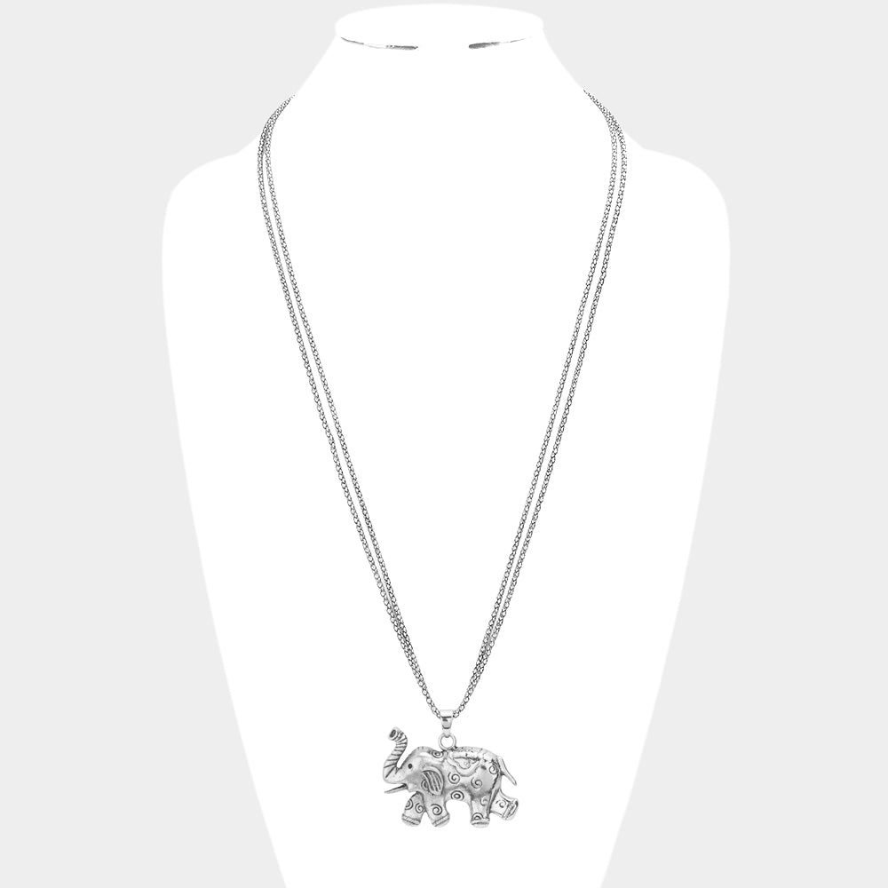 iLLASPARKZ Textured Metal Elephant Pendant Double Chain Metal Long Necklace