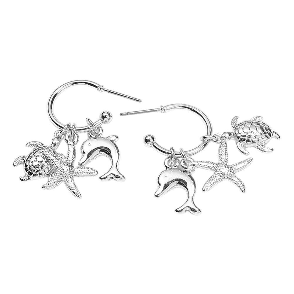 iLLASPARKZ Metal Turtle Starfish Dolphin Charm Dangle Hoop Earrings