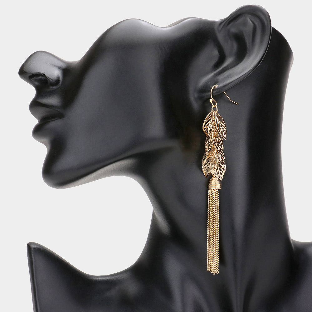 iLLASPARKZ Cut Out Metal Leaf Cluster Chain Tassel Link Dangle Earrings