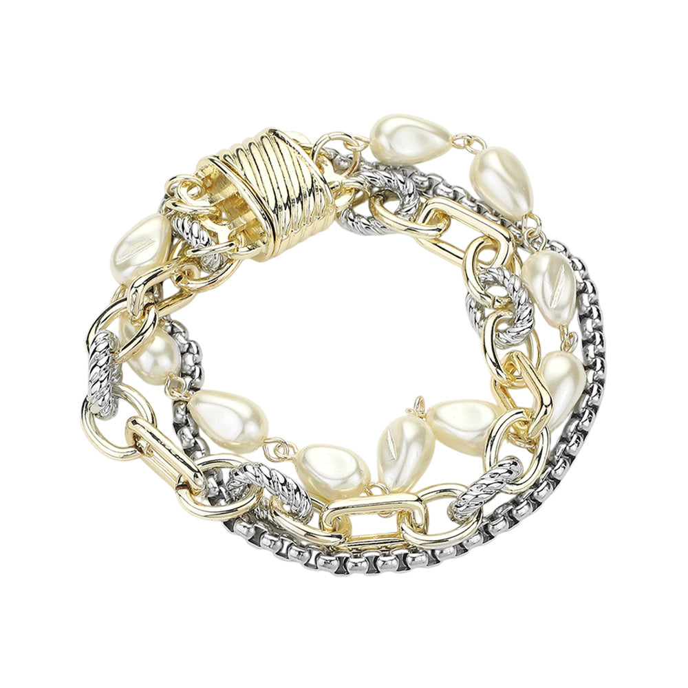 iLLASPARKZ 14K Gold Plated Two Tone Chunky Chain Pearl Layered Magnetic Bracelet