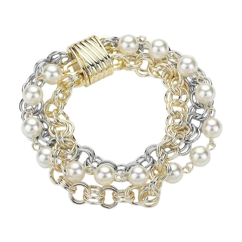 iLLASPARKZ 14K Gold Plated Two Tone Chunky Industrial Chain Pearl Layered Magnetic Bracelet