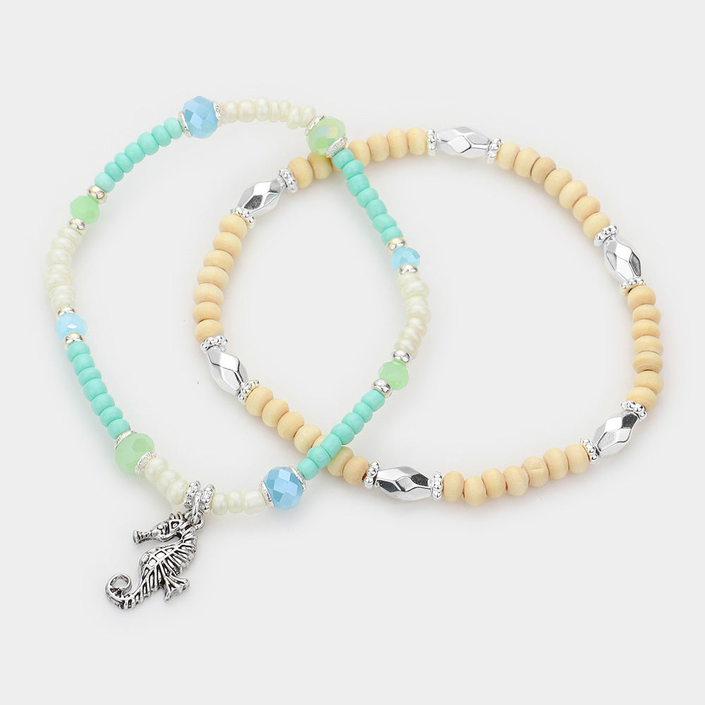 iLLASPARKZ 2PCS - Seahorse Charm Wood Seed Beaded Stretch Bracelets