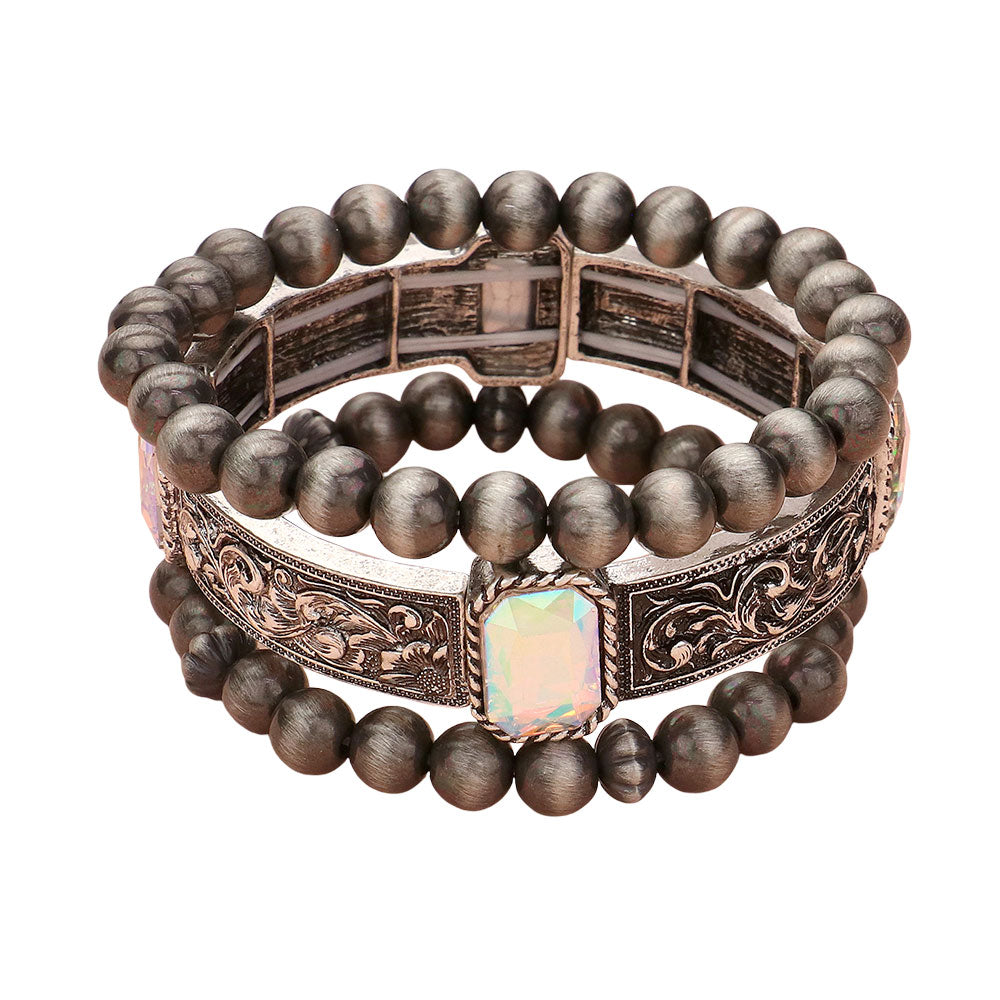 iLLASPARKZ 3PCS - Rectangle Glass Stone Pointed Western Metal Wood Ball Beaded Multi Layered Bracelets