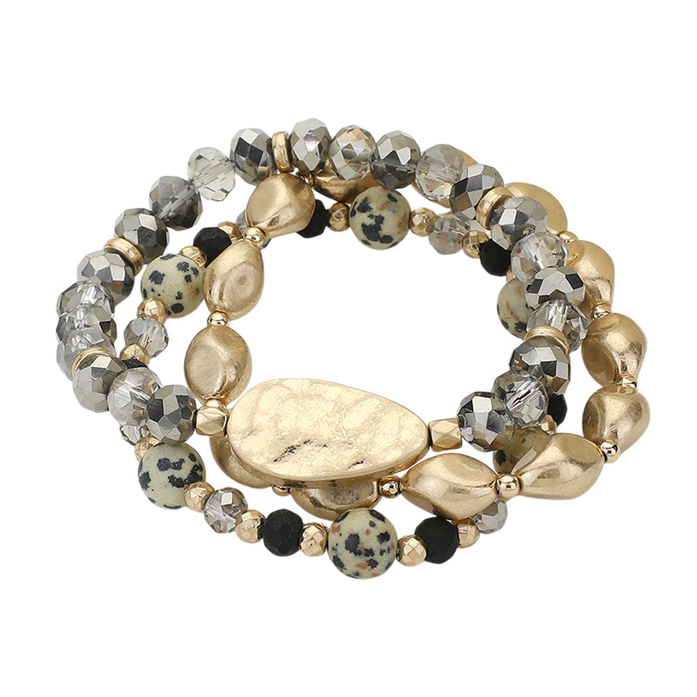 iLLASPARKZ 3PCS - Natural Stone Metal Pebble Faceted Beaded Stretch Multi Layered Bracelets