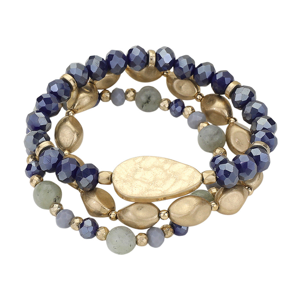 iLLASPARKZ 3PCS - Natural Stone Metal Pebble Faceted Beaded Stretch Multi Layered Bracelets