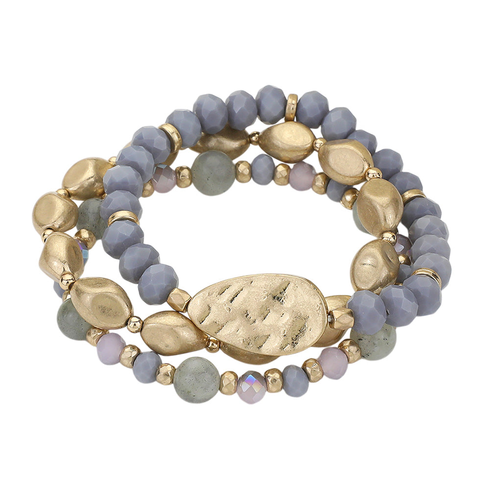 iLLASPARKZ 3PCS - Natural Stone Metal Pebble Faceted Beaded Stretch Multi Layered Bracelets