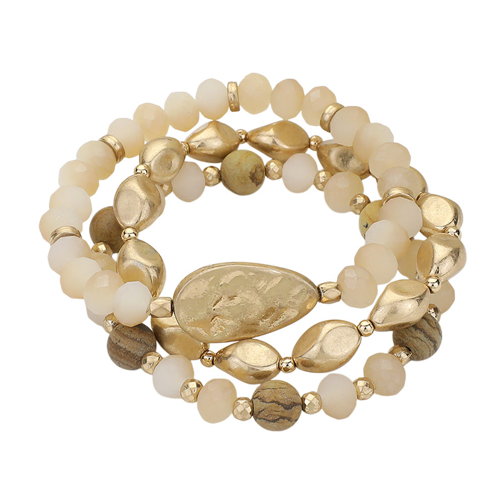 iLLASPARKZ 3PCS - Natural Stone Metal Pebble Faceted Beaded Stretch Multi Layered Bracelets