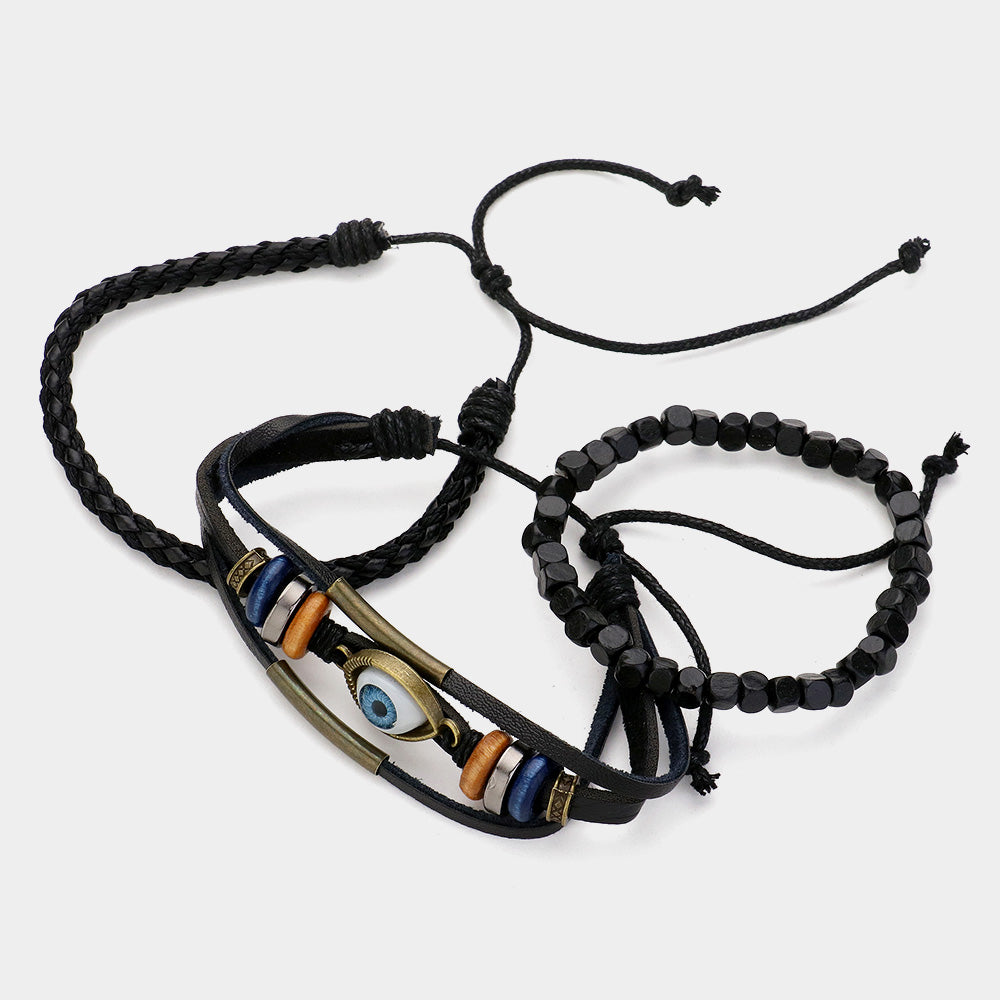 iLLASPARKZ 3PCS - Unisex Bohemian Evil Eye Pointed Wax Rope Genuine Leather Braided Adjustable Bracelet Wood Beaded Stretch Bracelet Set