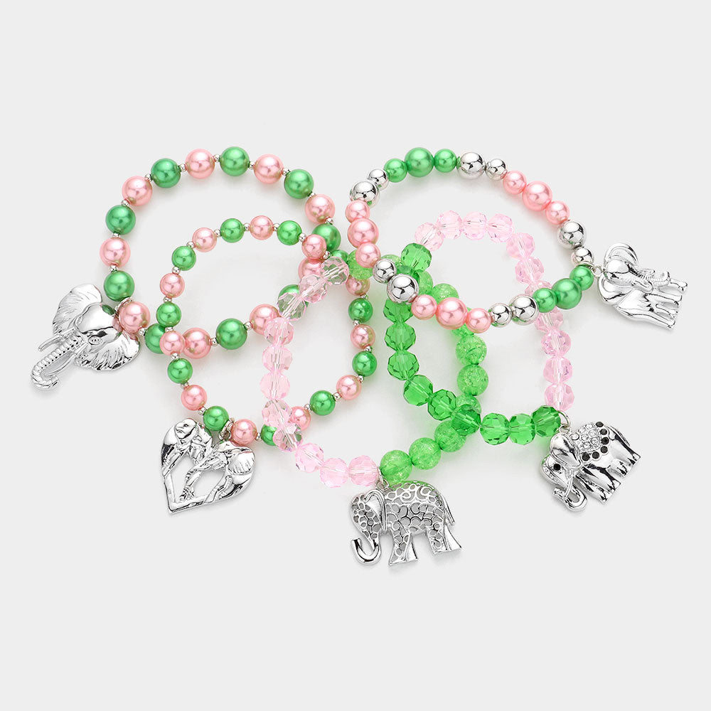 iLLASPARKZ 5PCS - Metal Elephant Charm Faceted Beaded Stretch Bracelets