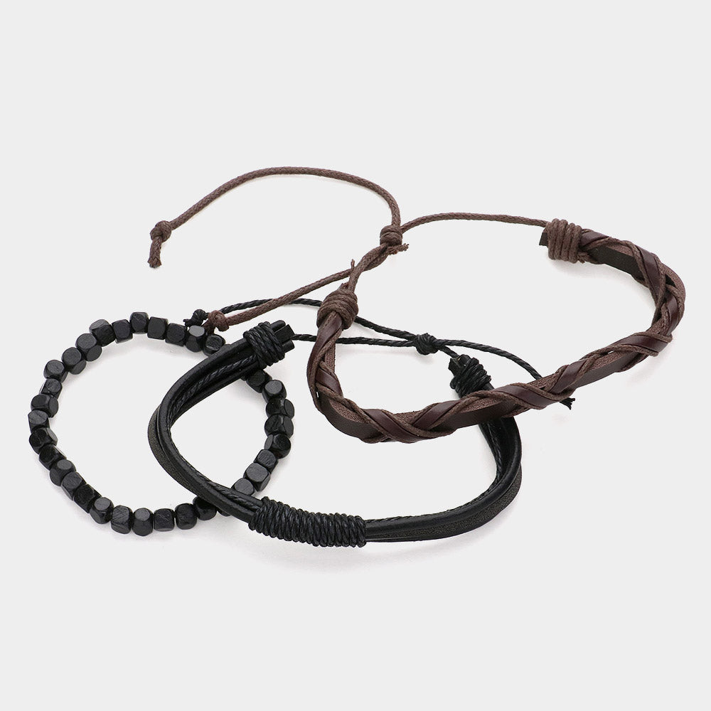 iLLASPARKZ 3PCS - Unisex Wax Rope Genuine Leather Braided Adjustable Bracelet Wood Beaded Stretch Bracelet Set