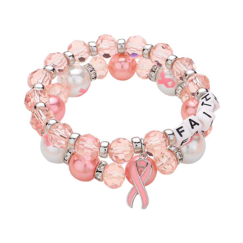 iLLASPARKZ 2PCS - FAITH Message Pointed Pink Ribbon Charm Faceted Beaded Stretch Double Layered Bracelets