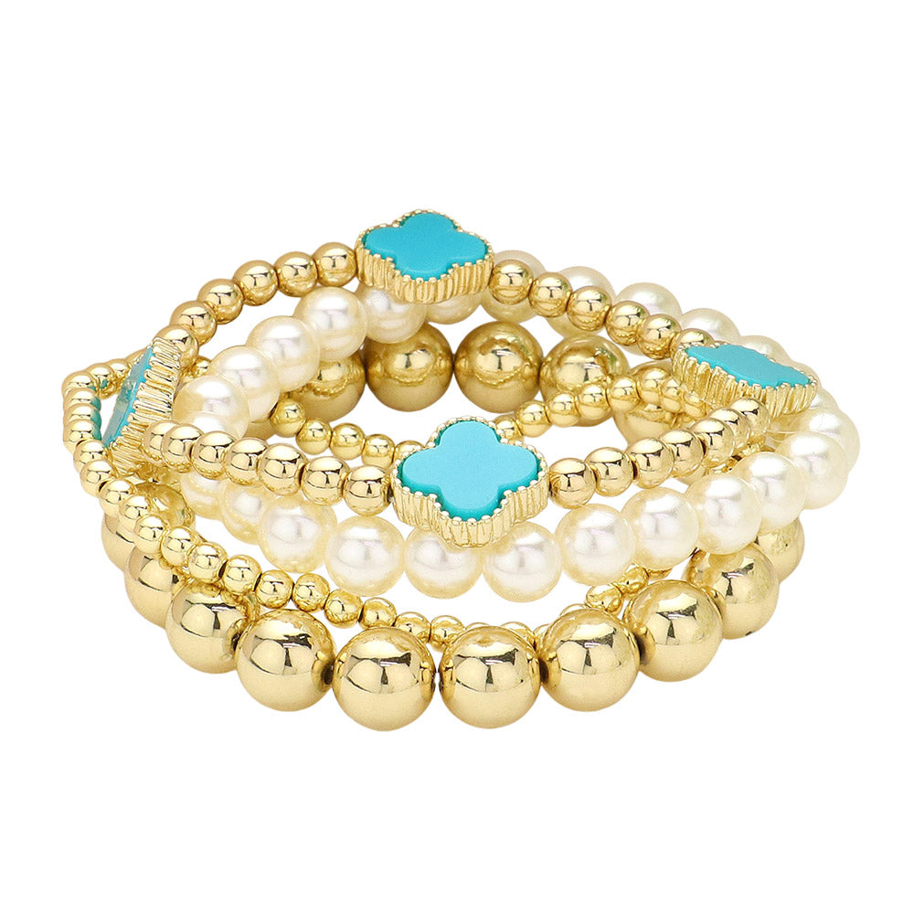 iLLASPARKZ 4PCS - Quatrefoil Pointed Metal Ball Pearl Beaded Stretch Multi Layered Bracelets