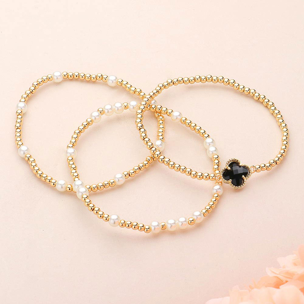 iLLASPARKZ 3PCS - Quatrefoil Pointed Pearl Metal Ball Beaded Stretch Multi Layered Bracelets