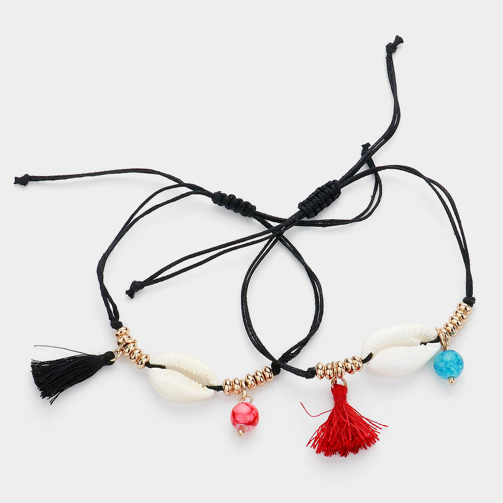 iLLASPARKZ 2PCS - Puka Shell Tassel Pointed Cinch Pull Tie Bracelets