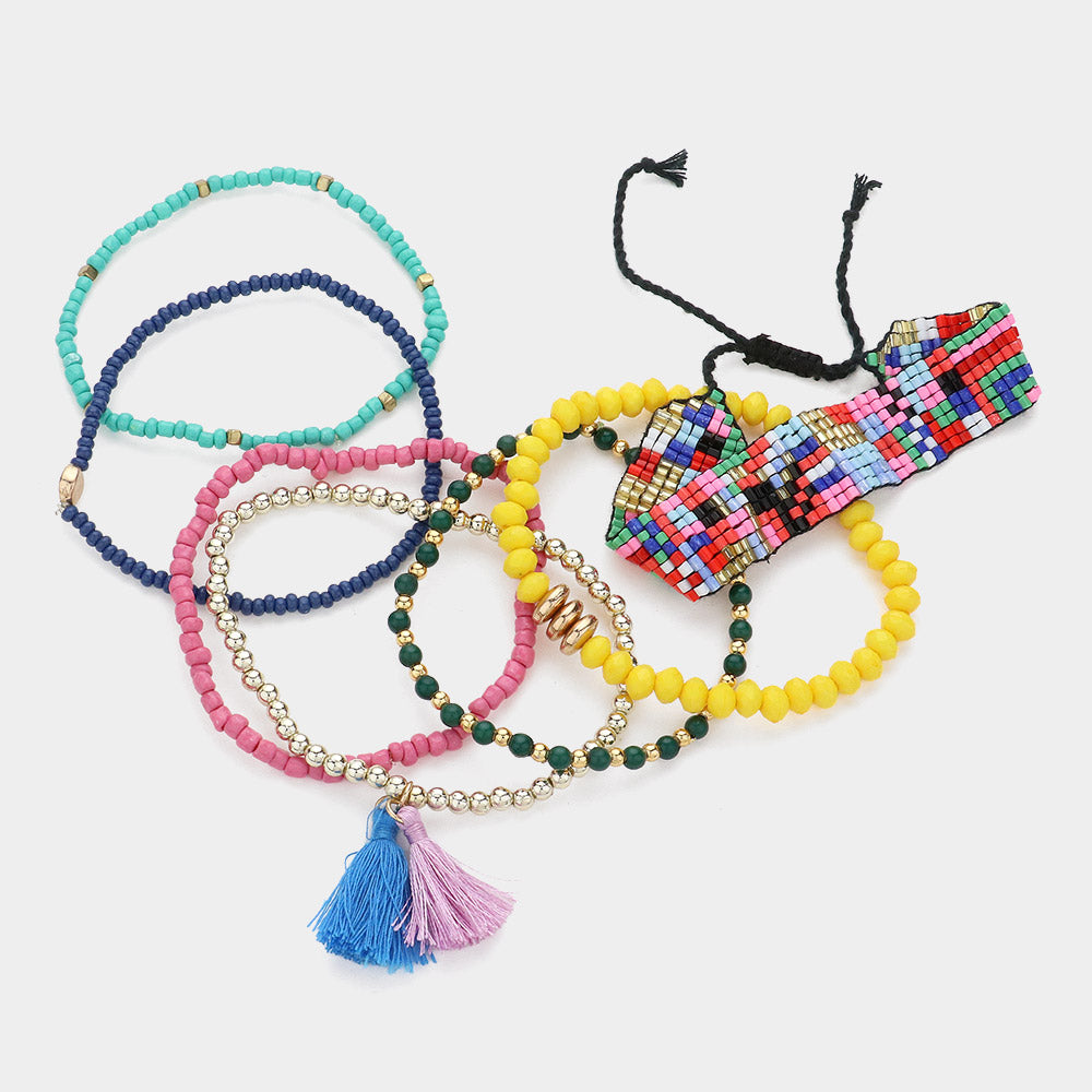 iLLASPARKZ 7PCS - Tassel Pointed Beaded Stretch Aztec Pattern Beaded Cinch Pull Tie Multi Layered Bracelets