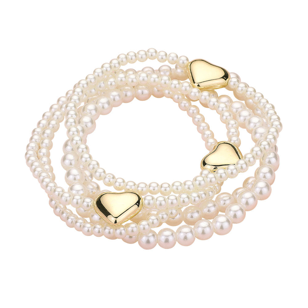 iLLASPARKZ 5PCS - Metal Heart Pearl Beaded Stretch Multi Layered Bracelets