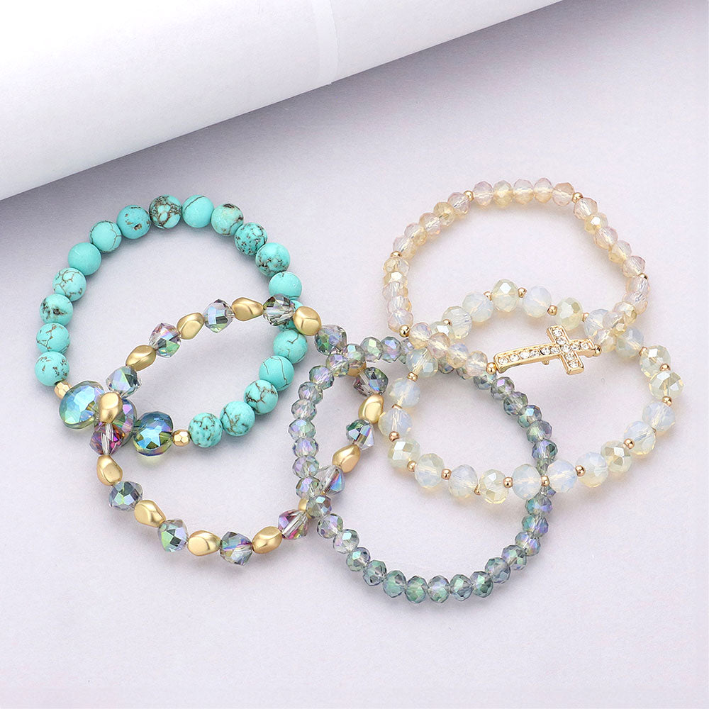 iLLASPARKZ 5PCS - Stone Paved Cross Pendant Pointed Faceted Beaded Multi Layered Bracelets