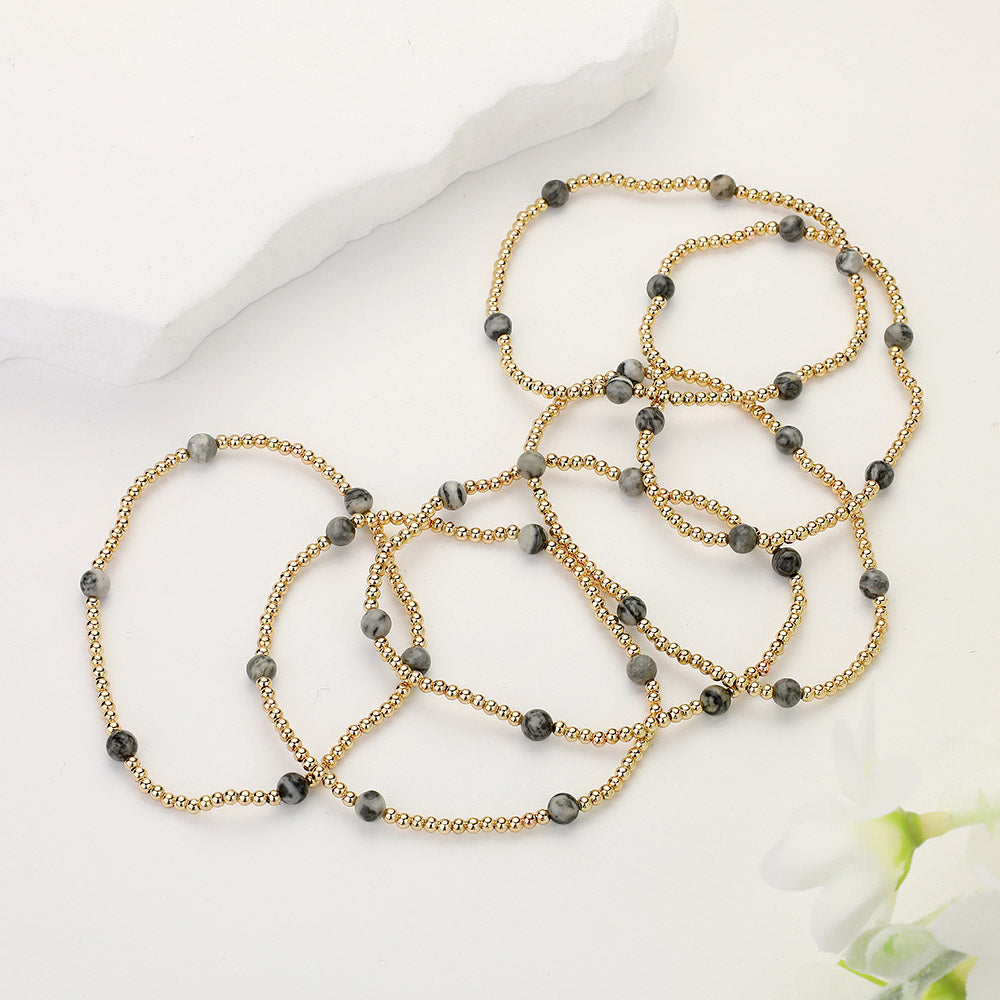 iLLASPARKZ 6PCS - Natural Stone Metal Ball Beaded Stretch Multi Layered Bracelets