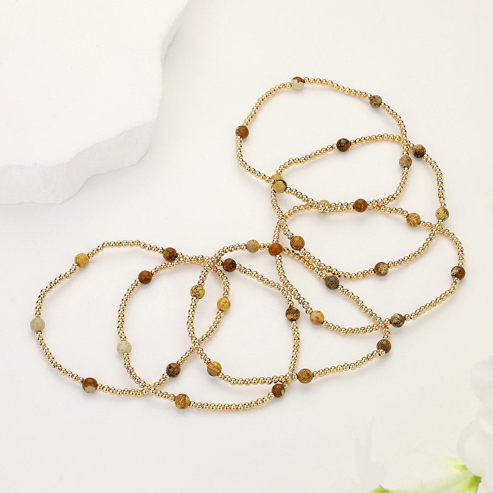 iLLASPARKZ 6PCS - Natural Stone Metal Ball Beaded Stretch Multi Layered Bracelets