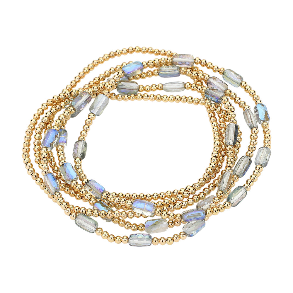 iLLASPARKZ 6PCS - Skinny Metal Ball Rectangle Faceted Beaded Stretch Multi Layered Bracelets